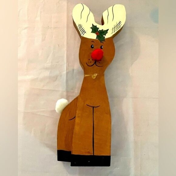 Vintage 11” (H) c 4” (W) solid wood hand painted reindeer‎ w/felt ball nose/tail - Picture 1 of 5